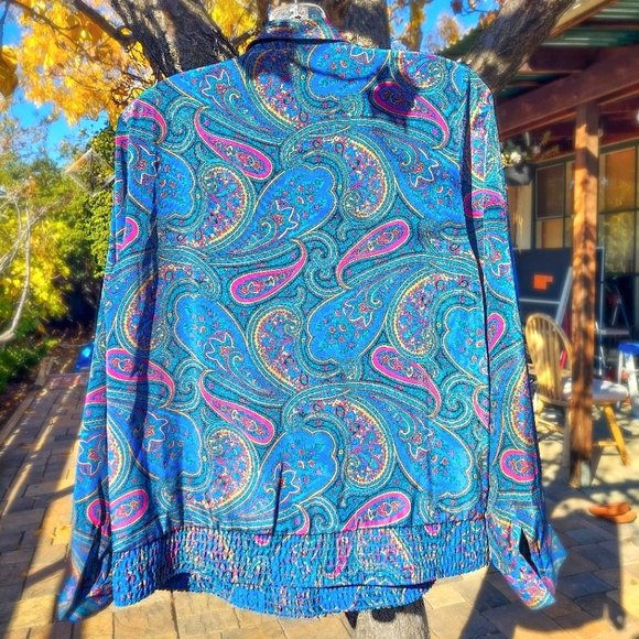 Vintage Alfred Dunner 80s 90s Paisley Blue Pink Yellow Button Up Cravat Shirt - Picture 2 of 8